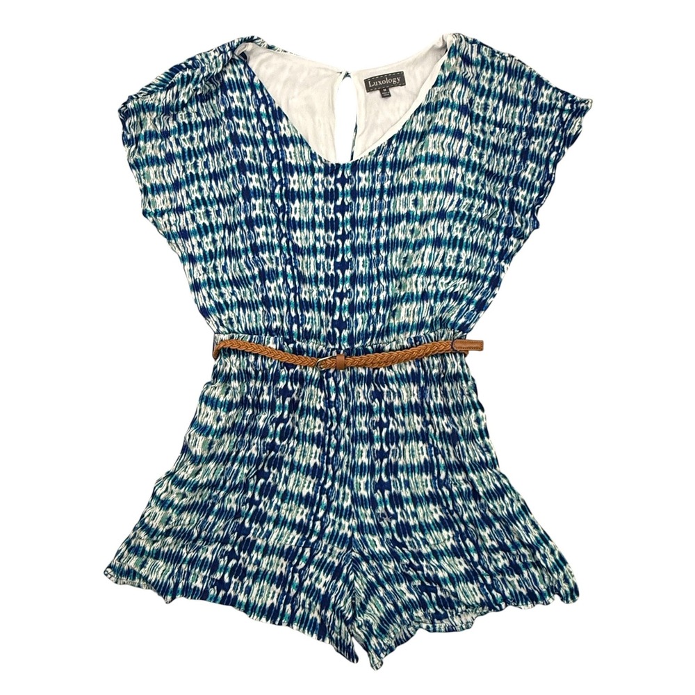 Luxology Romper Women Medium Blue Ikat Print Belted Sleeveless V-Neck